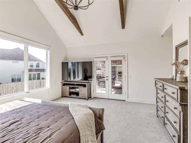 bedroom with light carpet, baseboards, access to outside, french doors, and beam ceiling