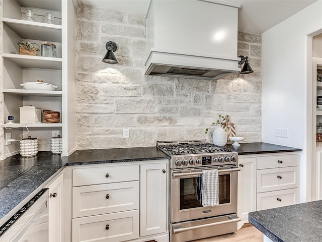 7308 Sunset Sail Ave, Edmond, OK 73034 - kitchen with white cabinets, open shelves, custom exhaust hood, and gas stove
