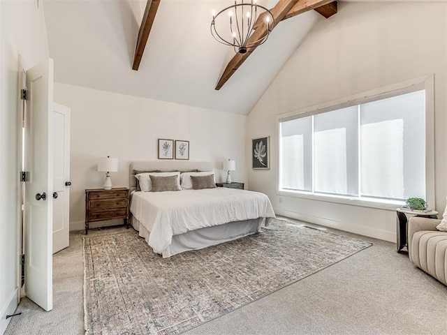 7308 Sunset Sail Ave, Edmond, OK 73034 - bedroom featuring beam ceiling, high vaulted ceiling, baseboards, a notable chandelier, and light carpet