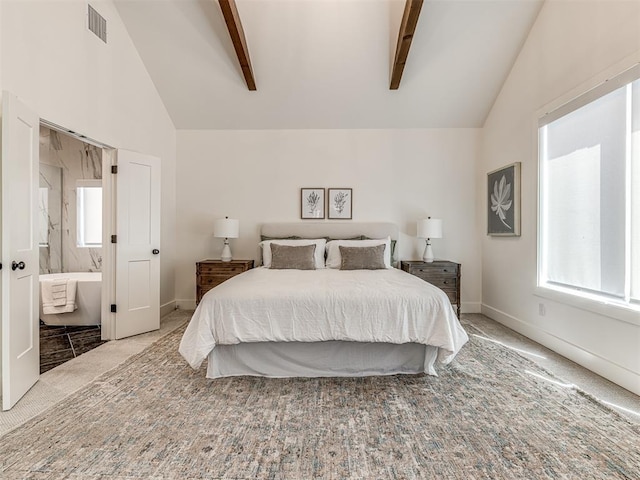 7308 Sunset Sail Ave, Edmond, OK 73034 - carpeted bedroom with beamed ceiling, high vaulted ceiling, visible vents, and multiple windows
