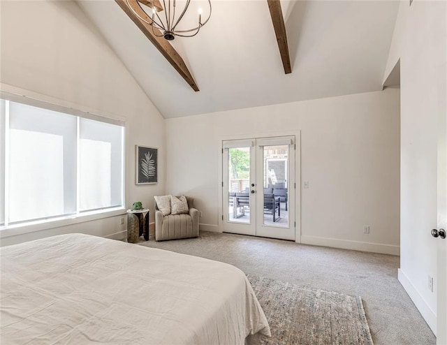 7308 Sunset Sail Ave, Edmond, OK 73034 - bedroom with carpet floors, high vaulted ceiling, access to exterior, baseboards, and beamed ceiling