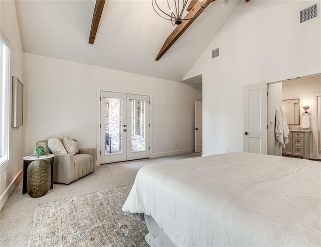 7308 Sunset Sail Ave, Edmond, OK 73034 - carpeted bedroom with visible vents, beamed ceiling, high vaulted ceiling, access to outside, and french doors