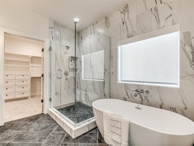 7308 Sunset Sail Ave, Edmond, OK 73034 - full bathroom with a marble finish shower, marble finish floor, recessed lighting, a spacious closet, and a soaking tub