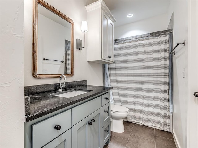 7308 Sunset Sail Ave, Edmond, OK 73034 - full bathroom with vanity, tile patterned floors, toilet, and curtained shower