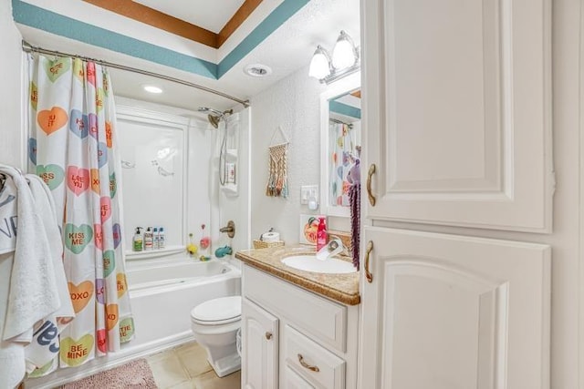 full bathroom featuring shower / bath combination with curtain, tile patterned floors, vanity, and toilet