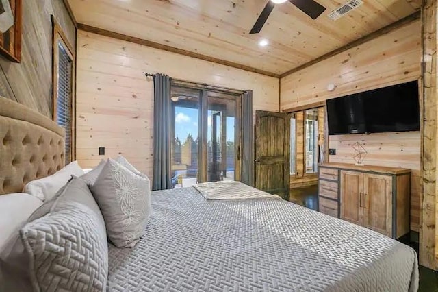 bedroom featuring visible vents, access to outside, wood walls, and wood ceiling