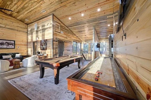 playroom featuring high vaulted ceiling, wood ceiling, wooden walls, and wood finished floors