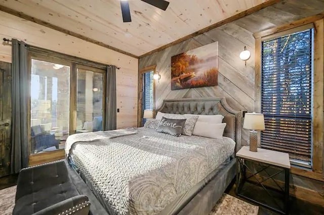 bedroom with wooden ceiling and wooden walls