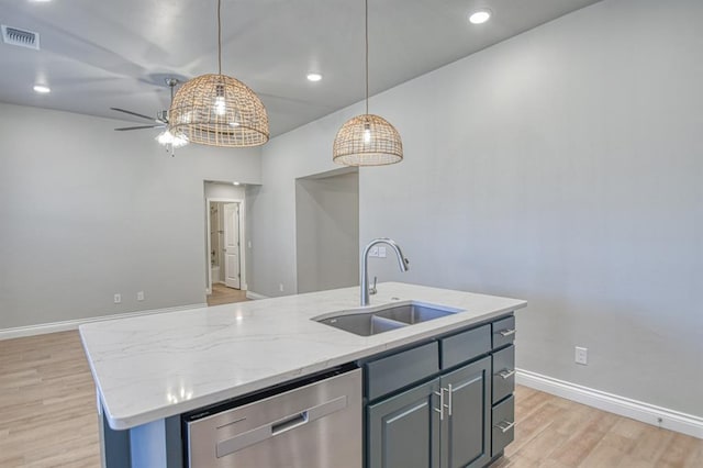 kitchen featuring visible vents, light wood finished floors, an island with sink, a sink, and dishwasher