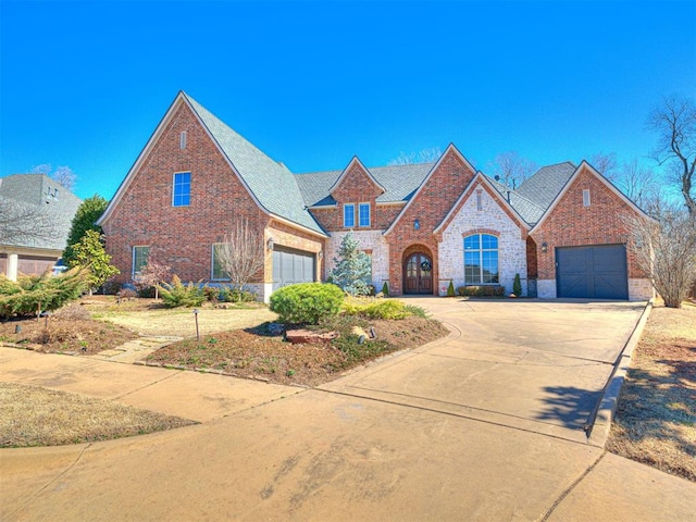 view of front of property featuring a garage, brick siding, and driveway