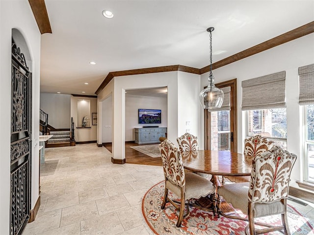 dining room featuring recessed lighting, visible vents, ornamental molding, baseboards, and stairs