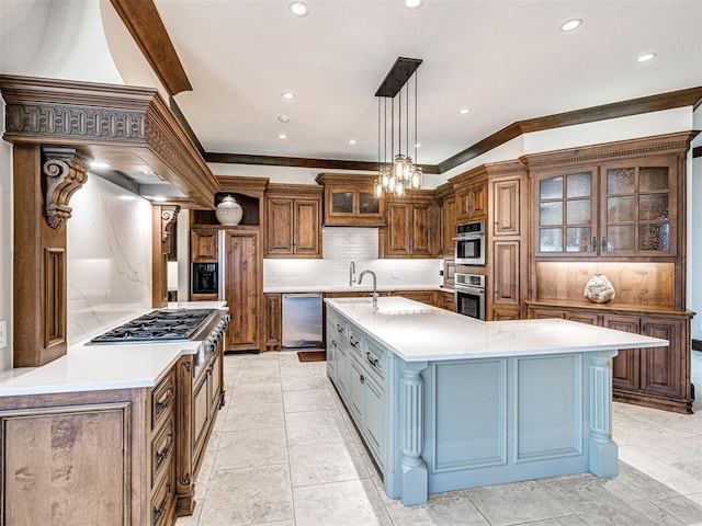 kitchen with a spacious island, appliances with stainless steel finishes, glass insert cabinets, and backsplash