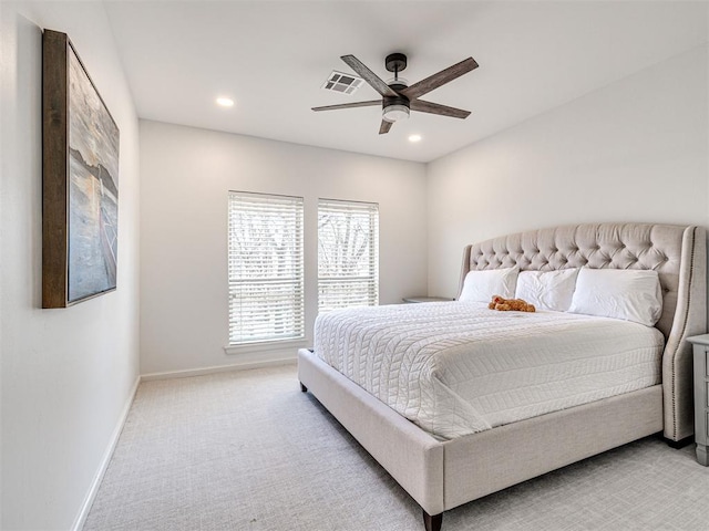 bedroom with recessed lighting, carpet, visible vents, and baseboards