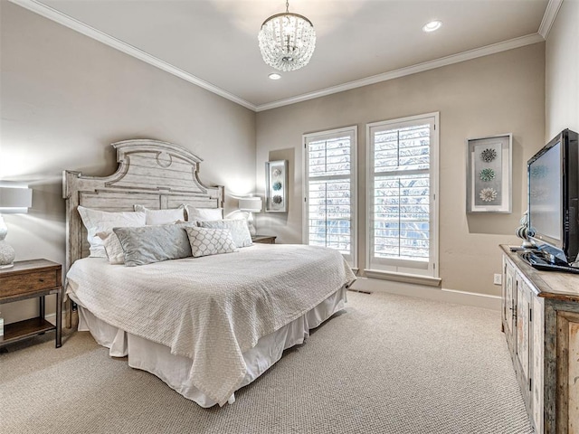 405 Flint Ridge Ct, Norman, OK 73072 - bedroom featuring a chandelier, light carpet, ornamental molding, baseboards, and recessed lighting