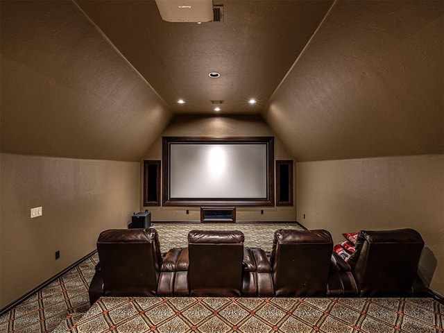 405 Flint Ridge Ct, Norman, OK 73072 - cinema with lofted ceiling, a textured ceiling, and carpet