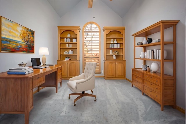 1601 Vandivort Pl, Edmond, OK 73034 - office space with a ceiling fan, light colored carpet, and lofted ceiling