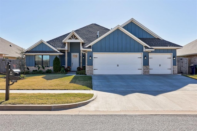 view of front of house with a garage, driveway, brick siding, and board and batten siding