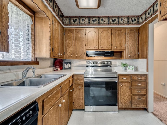 kitchen with extractor fan, a sink, stainless steel range with electric cooktop, black dishwasher, and brown cabinets