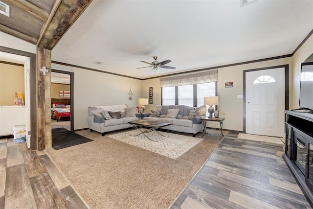 living area with wood finished floors, visible vents, baseboards, a ceiling fan, and ornamental molding