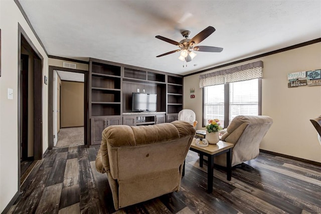 living room featuring dark wood-style floors, visible vents, crown molding, and baseboards