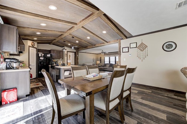 dining room with vaulted ceiling with beams, recessed lighting, visible vents, a ceiling fan, and dark wood finished floors