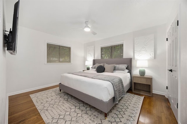 bedroom with hardwood / wood-style flooring, ceiling fan, and a closet