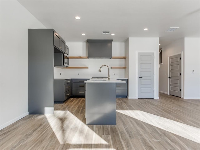kitchen featuring open shelves, gray cabinets, visible vents, a kitchen island with sink, and a sink