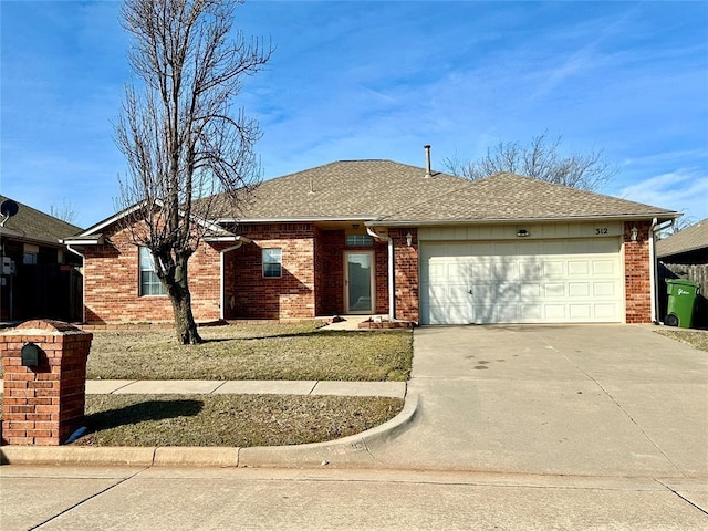 ranch-style house featuring a garage, a shingled roof, brick siding, and concrete driveway