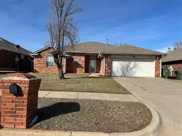 ranch-style house with brick siding, driveway, a shingled roof, and a garage