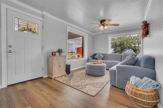 living room featuring light hardwood / wood-style floors, crown molding, and ceiling fan