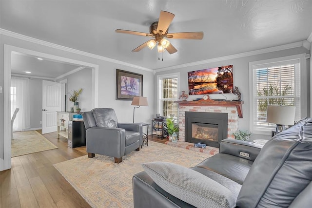 living room with a healthy amount of sunlight, light hardwood / wood-style flooring, and ornamental molding