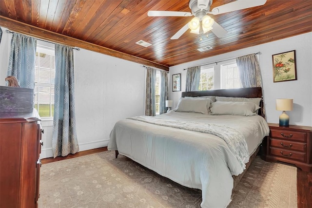 bedroom with hardwood / wood-style flooring, ceiling fan, and wood ceiling