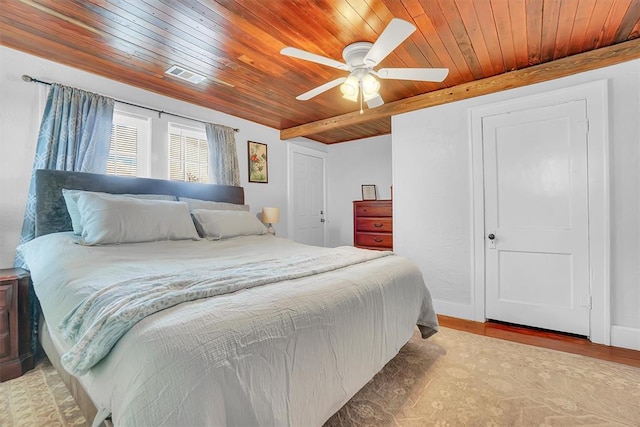 bedroom featuring wooden ceiling, ceiling fan, and light hardwood / wood-style flooring