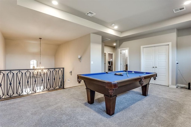3910 Sienna Rdg, Newcastle, OK 73065 - recreation room featuring lofted ceiling, recessed lighting, carpet flooring, visible vents, and billiards
