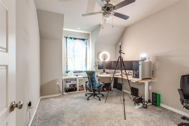 3910 Sienna Rdg, Newcastle, OK 73065 - office area featuring baseboards, carpet floors, vaulted ceiling, and a ceiling fan