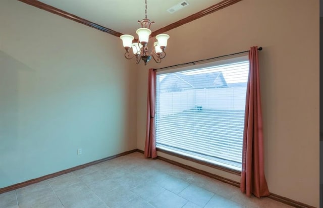 unfurnished room with ornamental molding and a notable chandelier