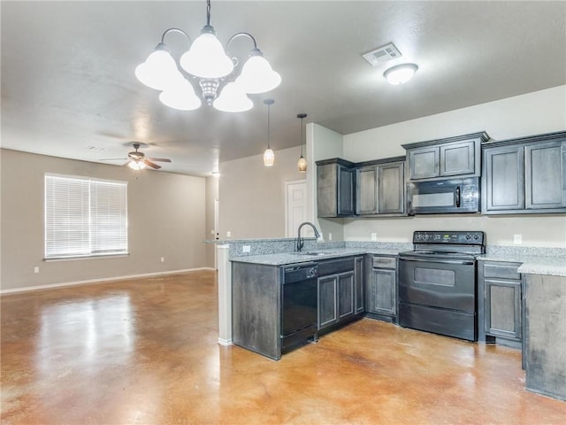 kitchen featuring ceiling fan with notable chandelier, sink, hanging light fixtures, and black appliances