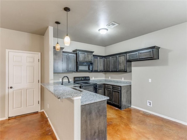 kitchen with decorative light fixtures, black appliances, light stone counters, and concrete floors