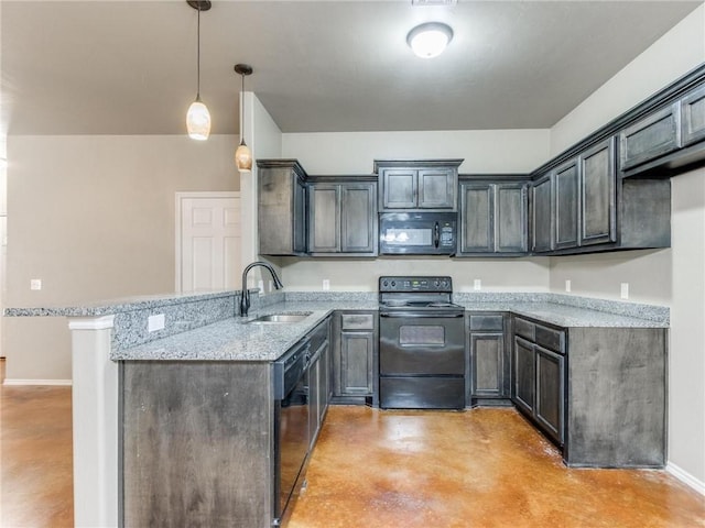 kitchen with kitchen peninsula, black appliances, light stone countertops, sink, and pendant lighting