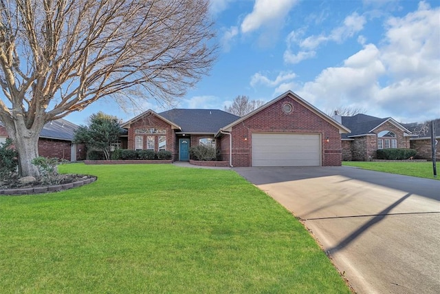 ranch-style home with a garage and a front yard