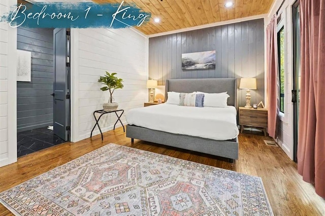 bedroom featuring wooden ceiling, wood finished floors, and recessed lighting
