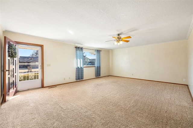 spare room with ornamental molding, carpet flooring, ceiling fan, and a textured ceiling