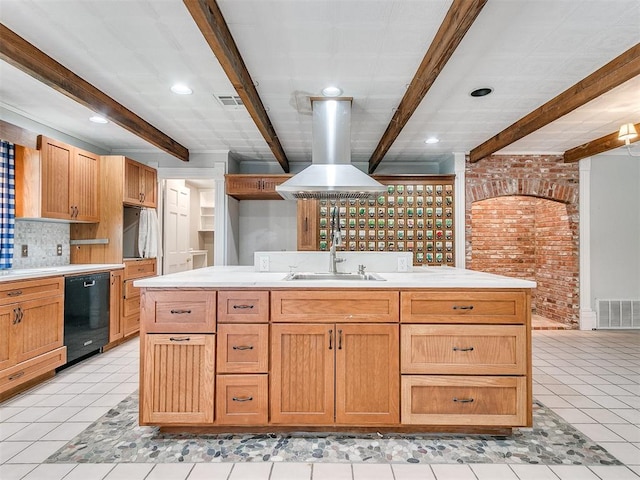 17826 240th St, Washington, OK 73093 - kitchen with black dishwasher, beam ceiling, a sink, light countertops, and ventilation hood