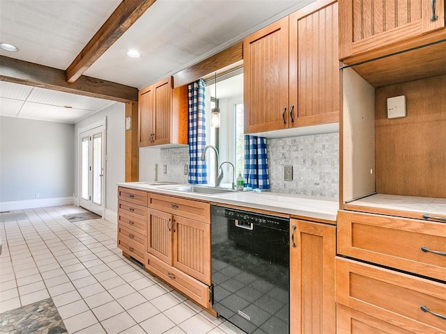 17826 240th St, Washington, OK 73093 - kitchen with dishwasher, a sink, backsplash, light tile patterned floors, and light countertops