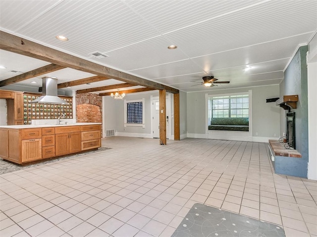 17826 240th St, Washington, OK 73093 - unfurnished living room featuring light tile patterned floors, a sink, a ceiling fan, recessed lighting, and baseboards