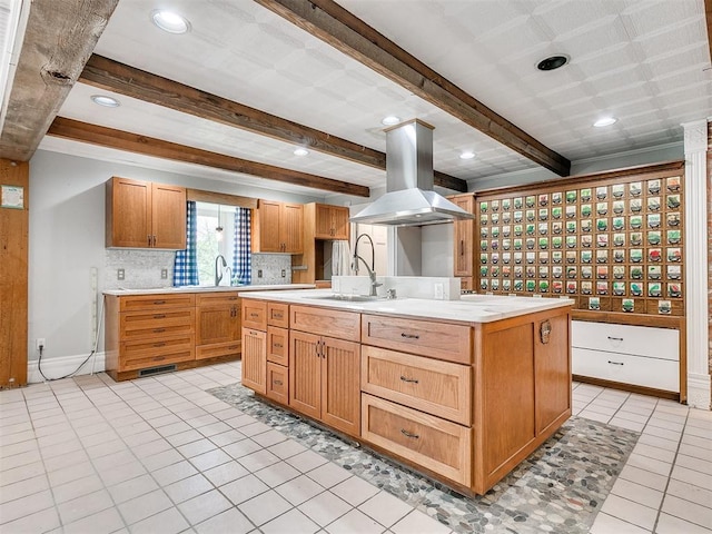 17826 240th St, Washington, OK 73093 - kitchen with a sink, island range hood, light tile patterned floors, beam ceiling, and light countertops