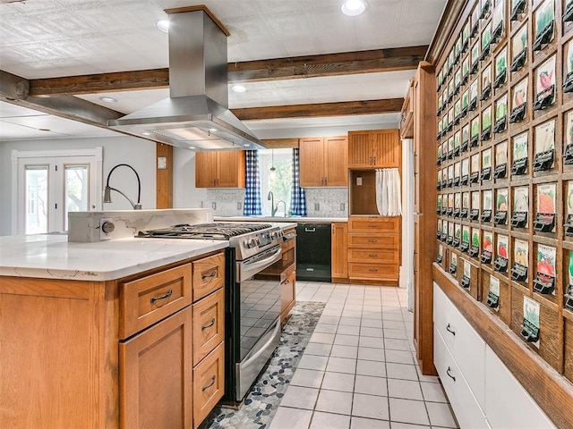 17826 240th St, Washington, OK 73093 - kitchen featuring stainless steel gas range, dishwasher, island range hood, decorative backsplash, and plenty of natural light