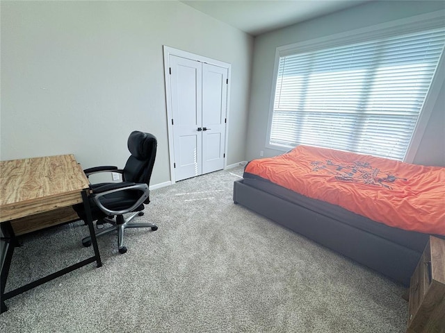 carpeted bedroom with a closet