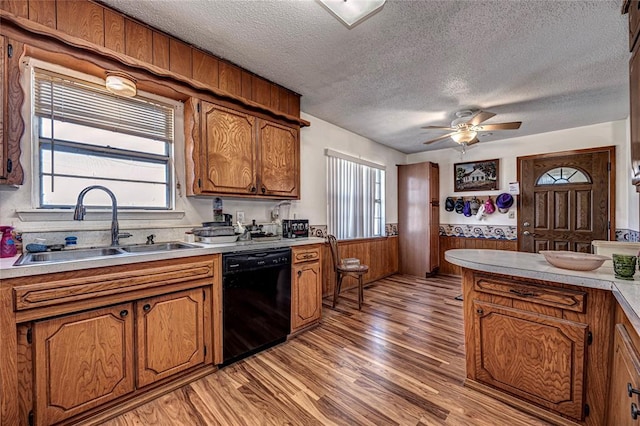 kitchen featuring light hardwood / wood-style floors, sink, ceiling fan, dishwasher, and a textured ceiling