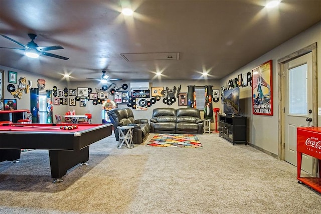 game room with billiards, an AC wall unit, carpet flooring, and a ceiling fan